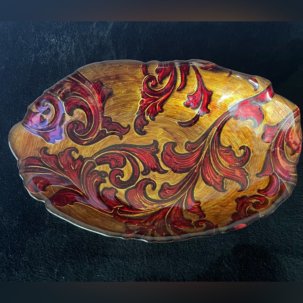 Arda Glass Dish Hand Painted Gold Red Glossy Top Textured Bottom Turkish